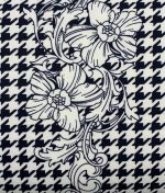 Tissu Néoprène Scuba piqué à motifs pied de poule et fleur blanc