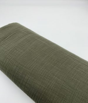 Tissu double gaze de coton uni effet lin - vert kaki