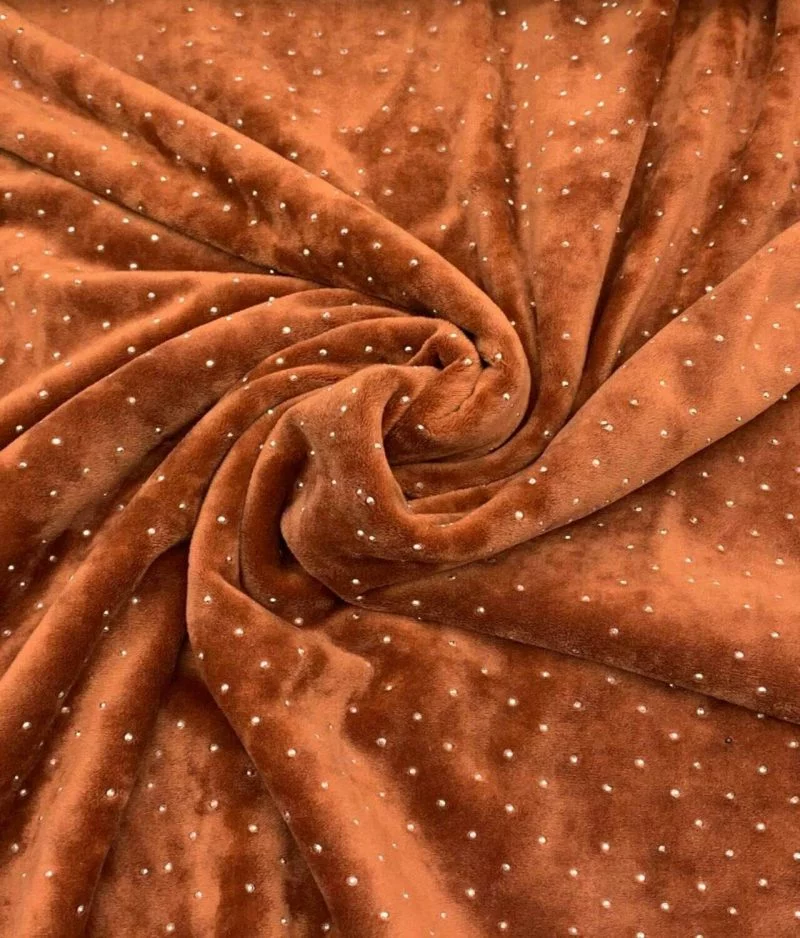 Tissu velours stretch strass brique